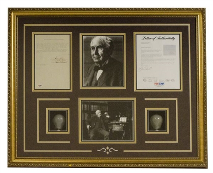 Thomas Edison Signed Letter and Framed Photo Display with Light Bulb (PSA/DNA LOA)
